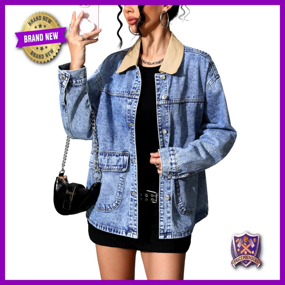 Oversized Denim Jacket Boyfriend Fit Contrast Collar Button Down Street Style